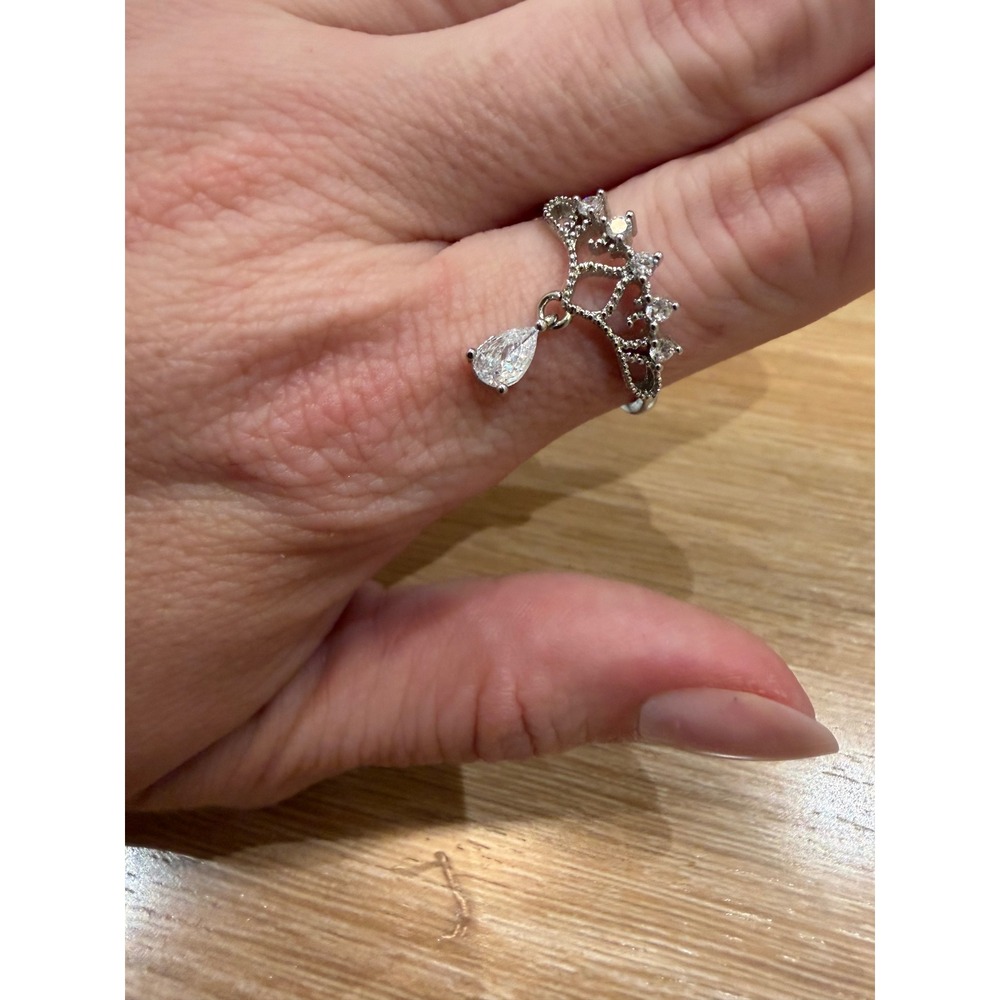 Silver Tone Tiara Crown Ring Pear Drop Dangle Cubic Zirconia Adjustable Band